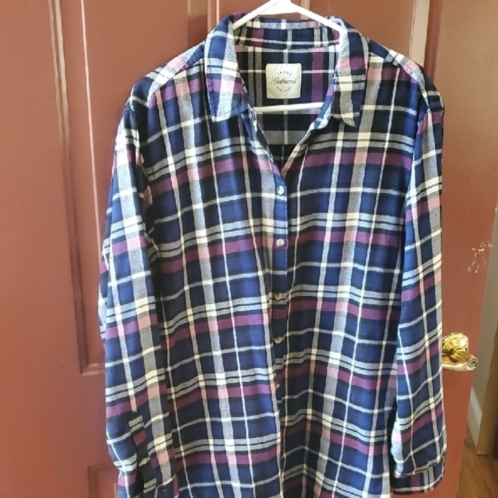 JACHS Girlfriend  Plaid Flannel Blue and White Button Down Shirt